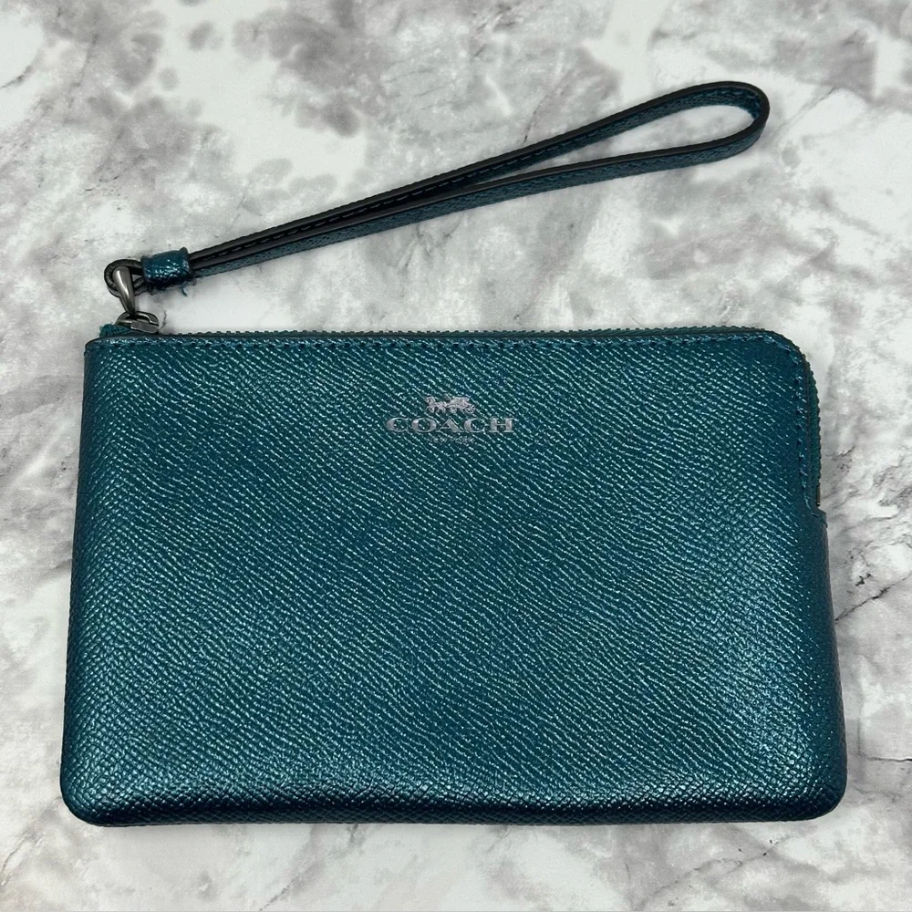 Coach Zip Wallet Wristlet Metallic Dark Teal